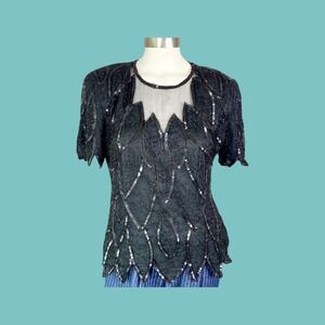Vintage‎ 100% Silk Black Sequin Top, Beaded Embellished, Size Medium